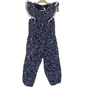 Janie and Jack Girls Navy Blue & White Floral Jumpsuit Flutter Accent Sz 3